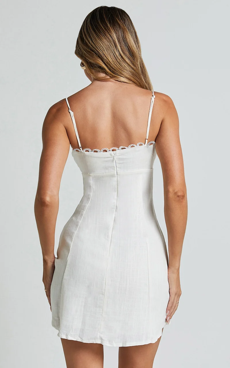 Gelli Mini Linen Blend Dress - Strappy Lace Detail Dress in White