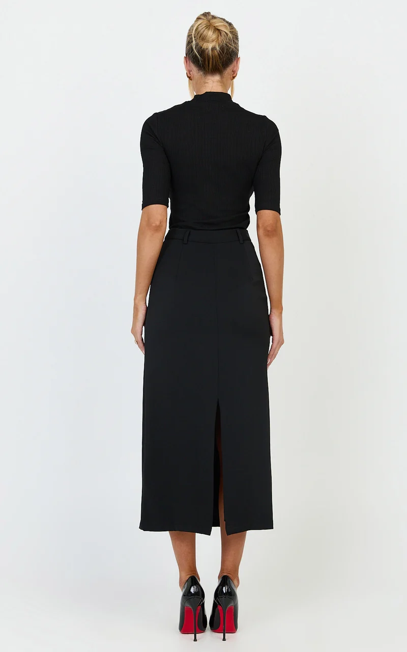 Alanna Midi Skirt - High Waisted Back Split Pencil Skirt in Black
