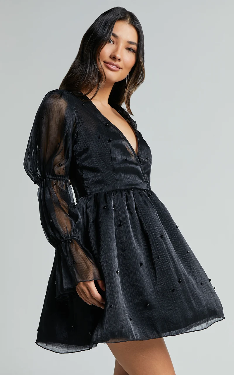 Lanna Mini Dress - Long Puff Sleeve V Neck Dress in Black