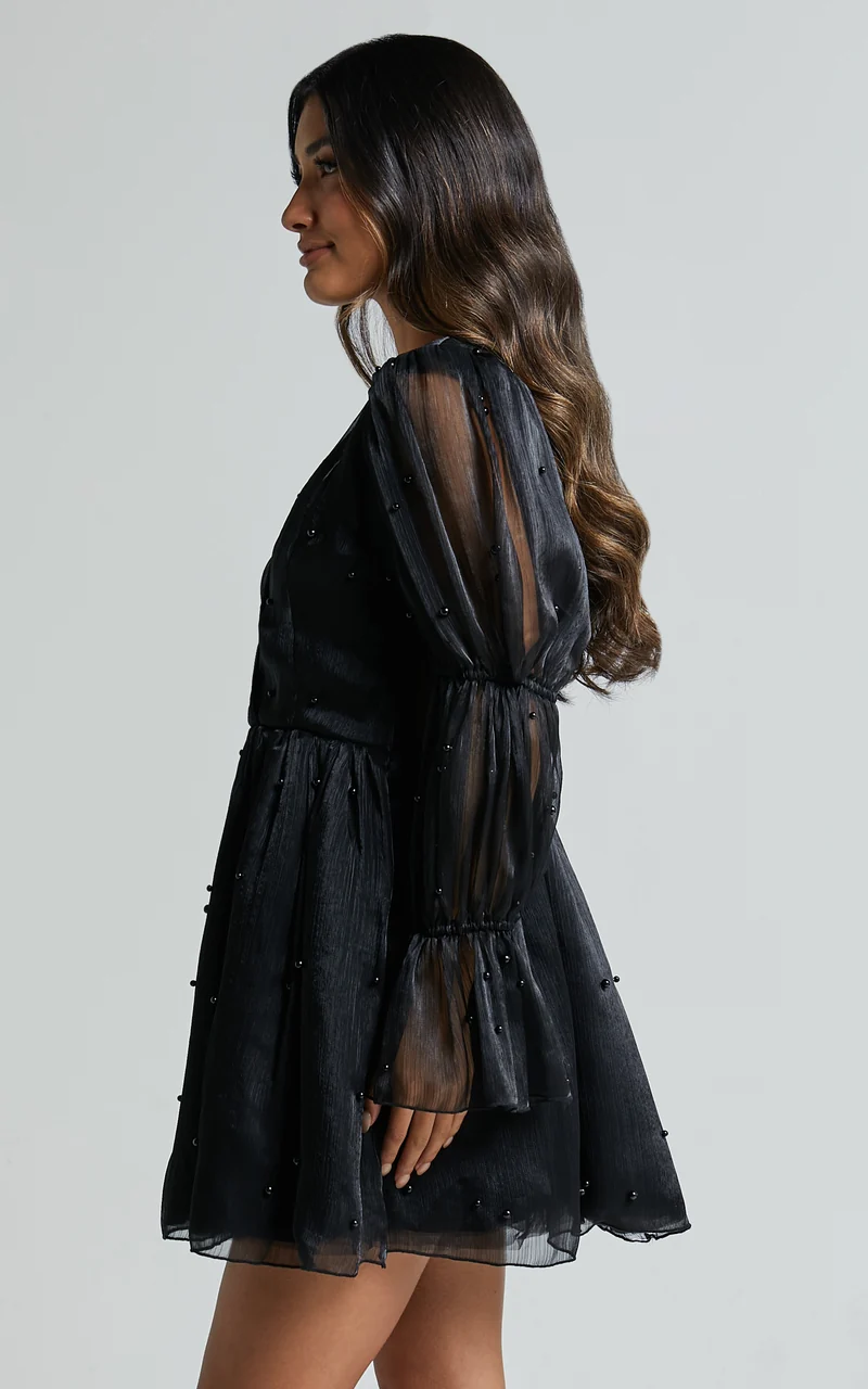 Lanna Mini Dress - Long Puff Sleeve V Neck Dress in Black