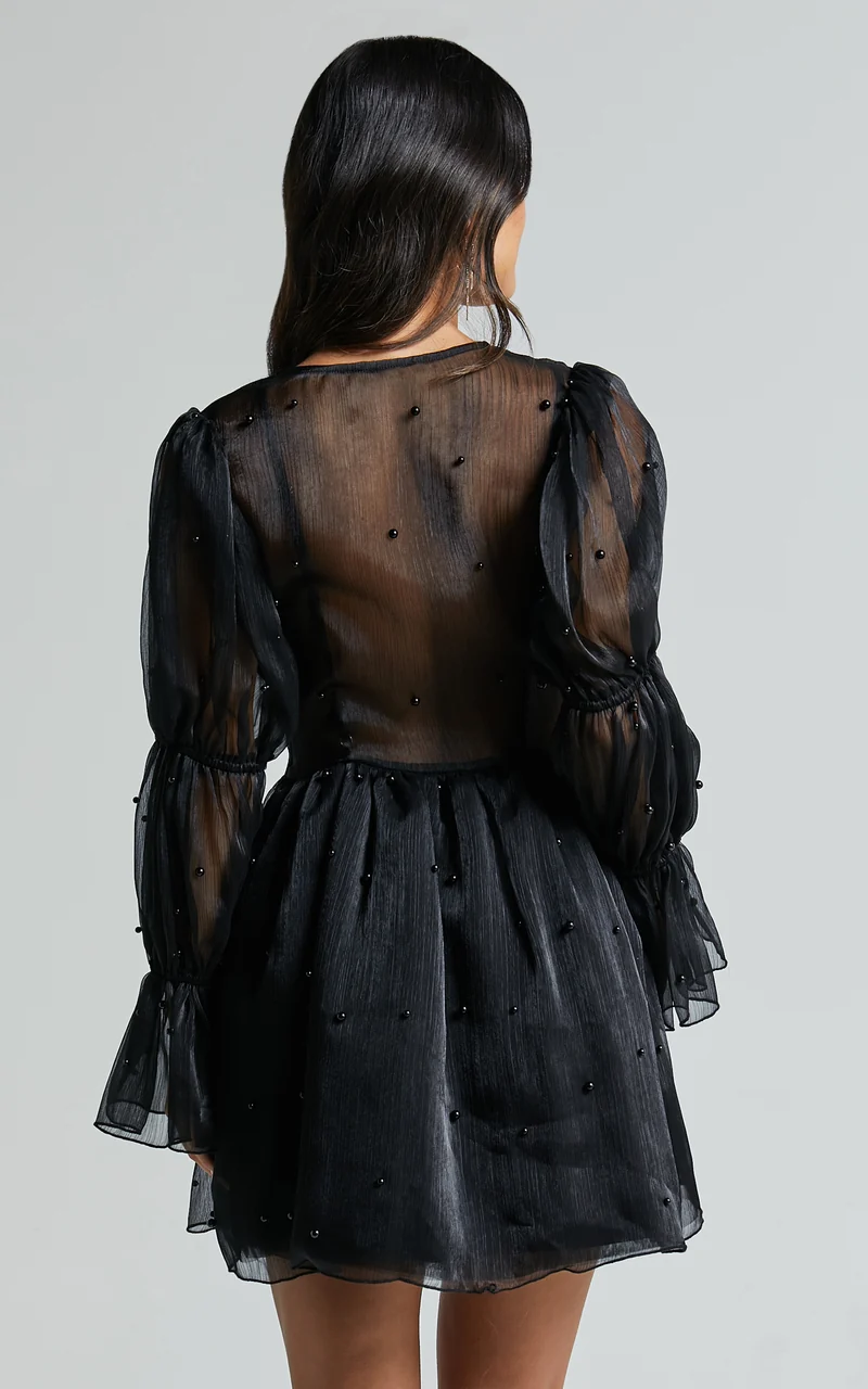 Lanna Mini Dress - Long Puff Sleeve V Neck Dress in Black