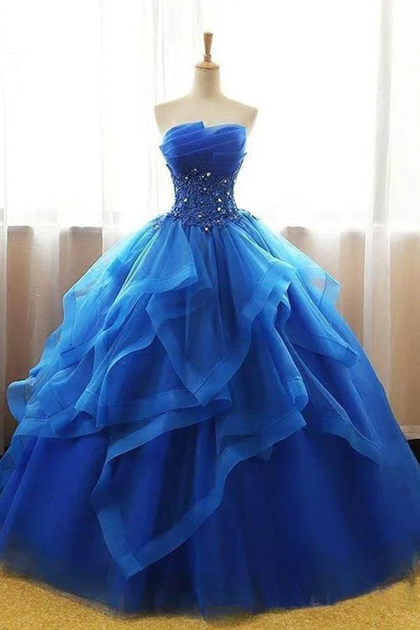 Robe de bal sans bretelles en organza mexicain, robe de bal bleu royal, robe de Quinceanera