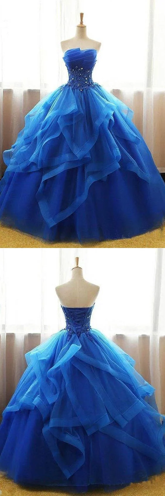 Robe de bal sans bretelles en organza mexicain, robe de bal bleu royal, robe de Quinceanera