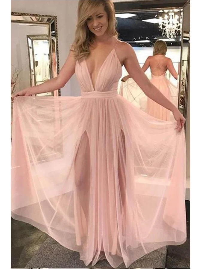 Robe de soirée sexy rose blush, fentes latérales fluides, décolleté plongeant en V