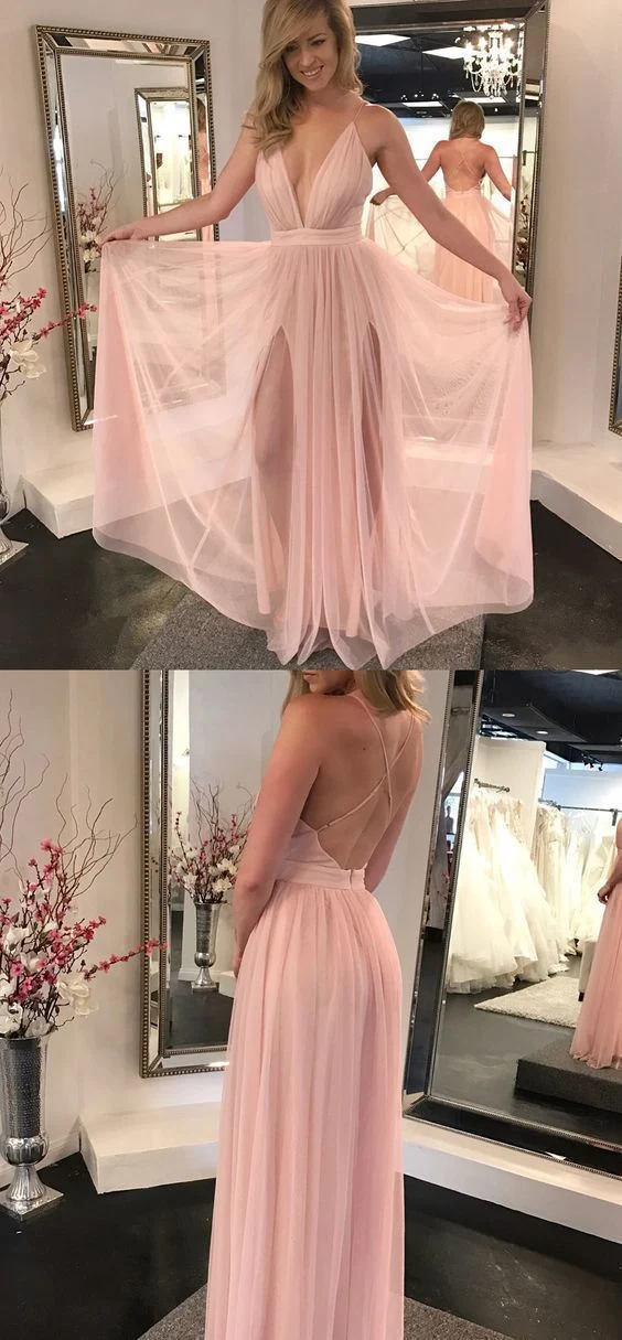 Robe de soirée sexy rose blush, fentes latérales fluides, décolleté plongeant en V