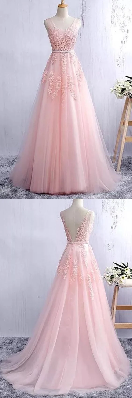 Robe de bal rose trapèze, robe formelle de remise de diplôme senior