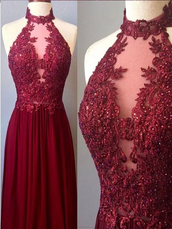 Robe de soirée longue en mousseline de soie et dentelle, ligne A, col licou, marron, robe de soirée bordeaux