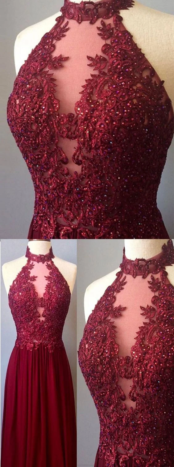 Robe de soirée longue en mousseline de soie et dentelle, ligne A, col licou, marron, robe de soirée bordeaux