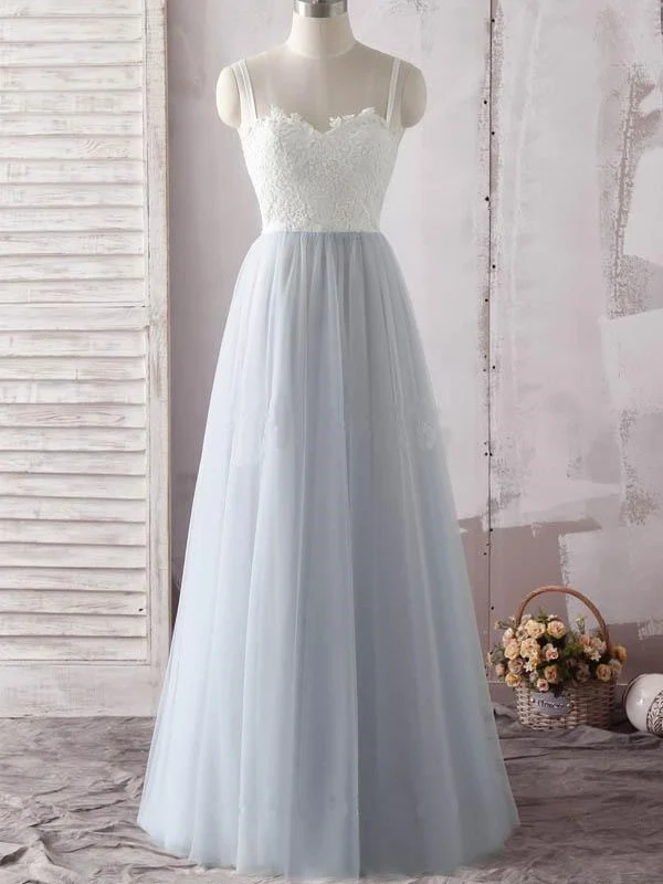 Robe de bal trapèze en tulle et dentelle blanche, longue, col en cœur