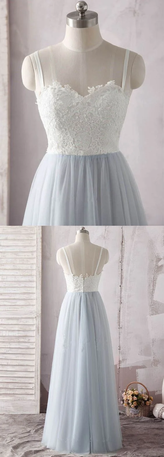 Robe de bal trapèze en tulle et dentelle blanche, longue, col en cœur