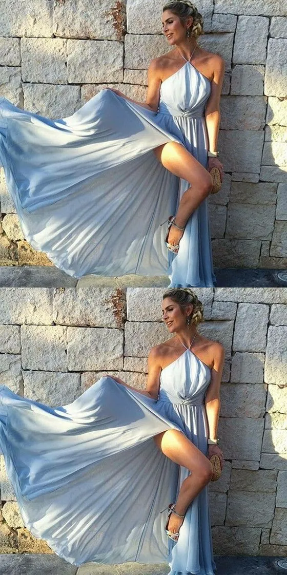 Robes de bal fluides, robe de bal bleue avec fente | Robe de soirée simple