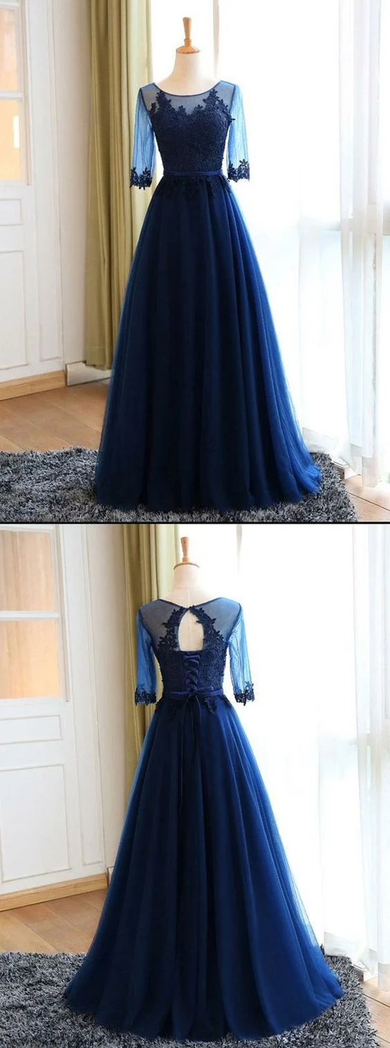 Robe de bal bleu marine vintage à col bijou et manches longues