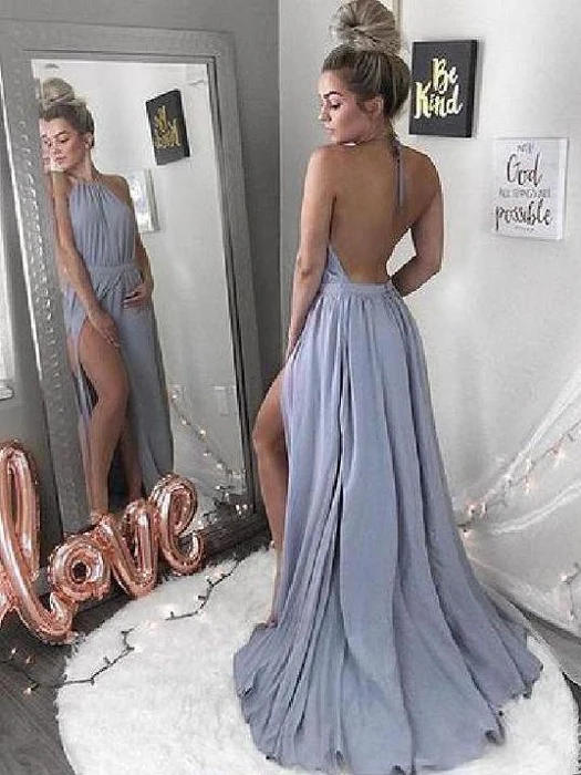 Robe de bal longue simple dos nu bleue à col licou