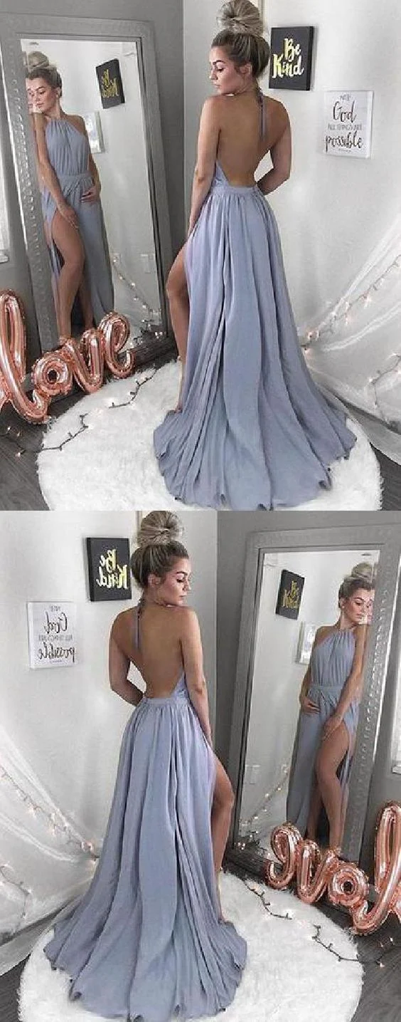 Robe de bal longue simple dos nu bleue à col licou