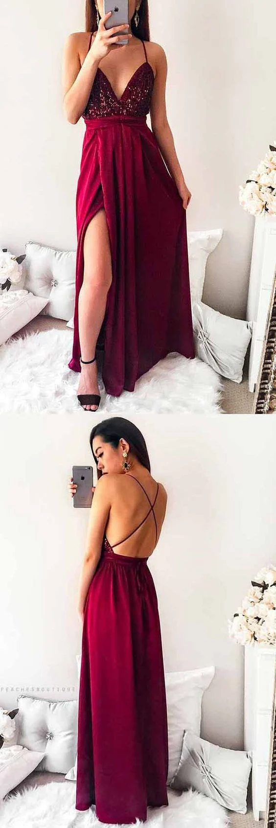 Délicate robe de bal senior bordeaux avec fente