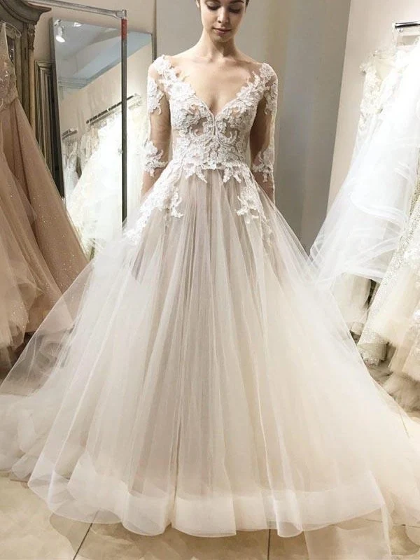 Fée romantique à manches longues élégante dentelle haut robe de mariée en tulle avec manches