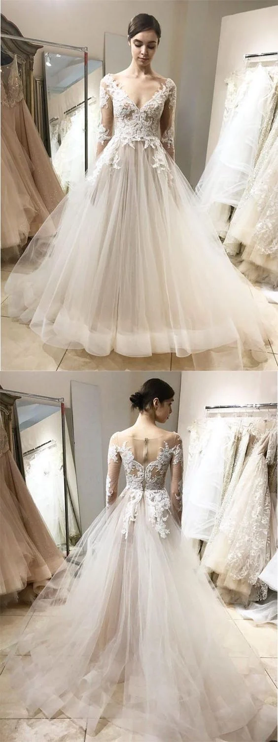 Fée romantique à manches longues élégante dentelle haut robe de mariée en tulle avec manches