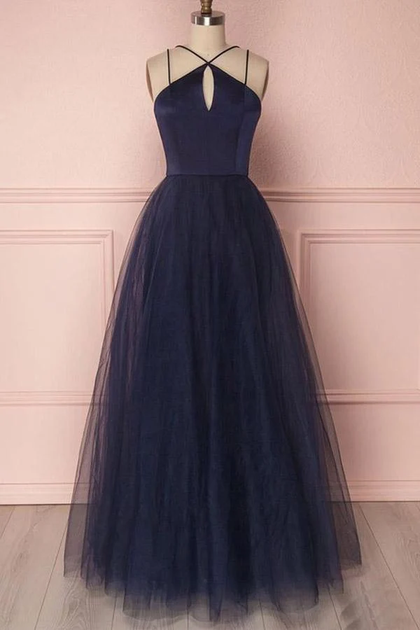 Robe de bal simple senior en tulle bleu marine foncé | Robe de soirée longue