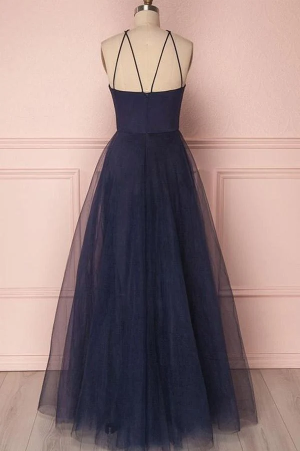 Robe de bal simple senior en tulle bleu marine foncé | Robe de soirée longue