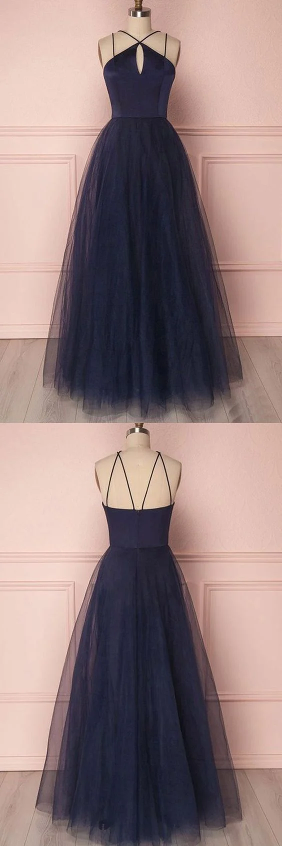 Robe de bal simple senior en tulle bleu marine foncé | Robe de soirée longue