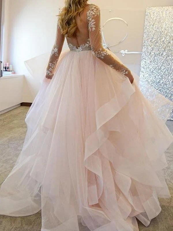 Jupe en tulle dos nu, manches longues, robe de mariée princesse à volants avec manches