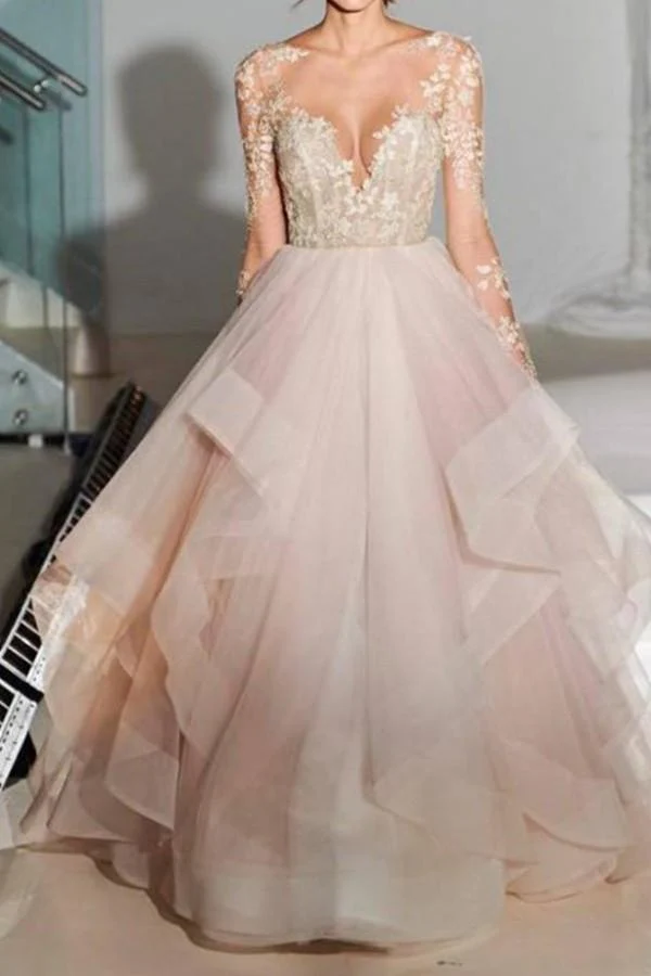 Jupe en tulle dos nu, manches longues, robe de mariée princesse à volants avec manches