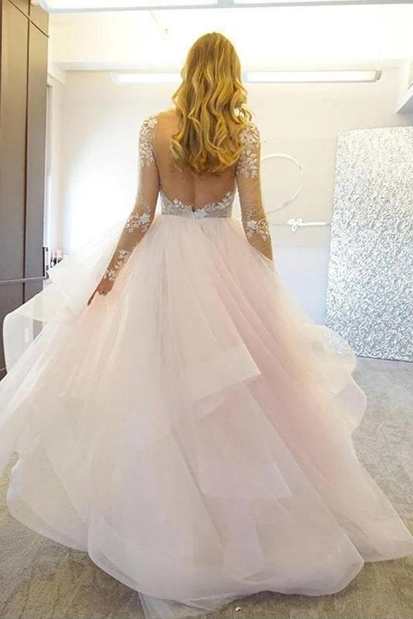 Jupe en tulle dos nu, manches longues, robe de mariée princesse à volants avec manches