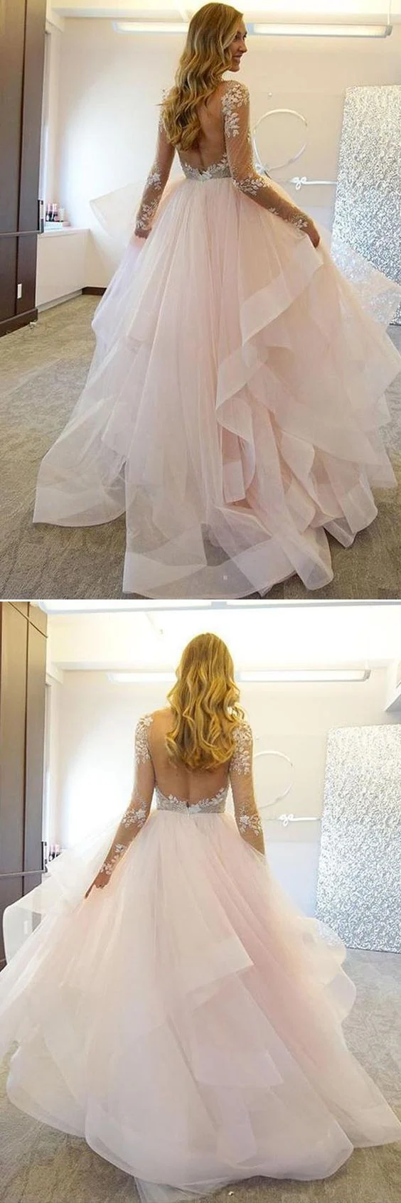 Jupe en tulle dos nu, manches longues, robe de mariée princesse à volants avec manches