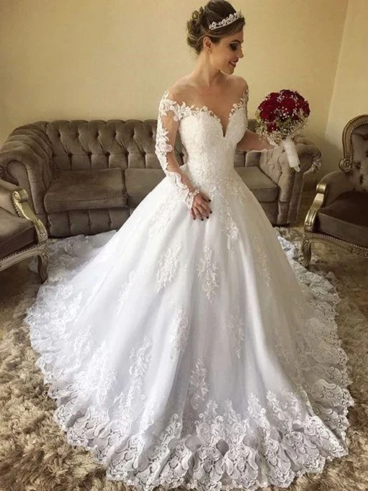 Robe de mariée en dentelle chic à manches longues et épaules dénudées