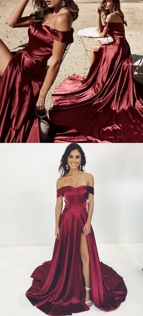 Remise Robe de bal rouge sexy, épaules dénudées, fente latérale