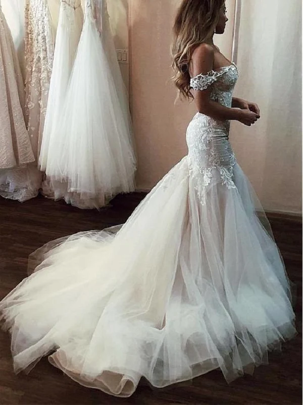 Robe de mariée princesse à couper le souffle, sirène, en tulle, épaules dénudées, haut en dentelle