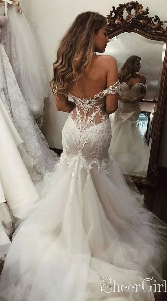 Robe de mariée princesse à couper le souffle, sirène, en tulle, épaules dénudées, haut en dentelle