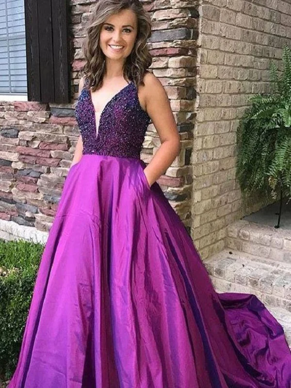 Robe de bal violette pour adolescents, décolleté plongeant en V, perles, robes de bal avec poches