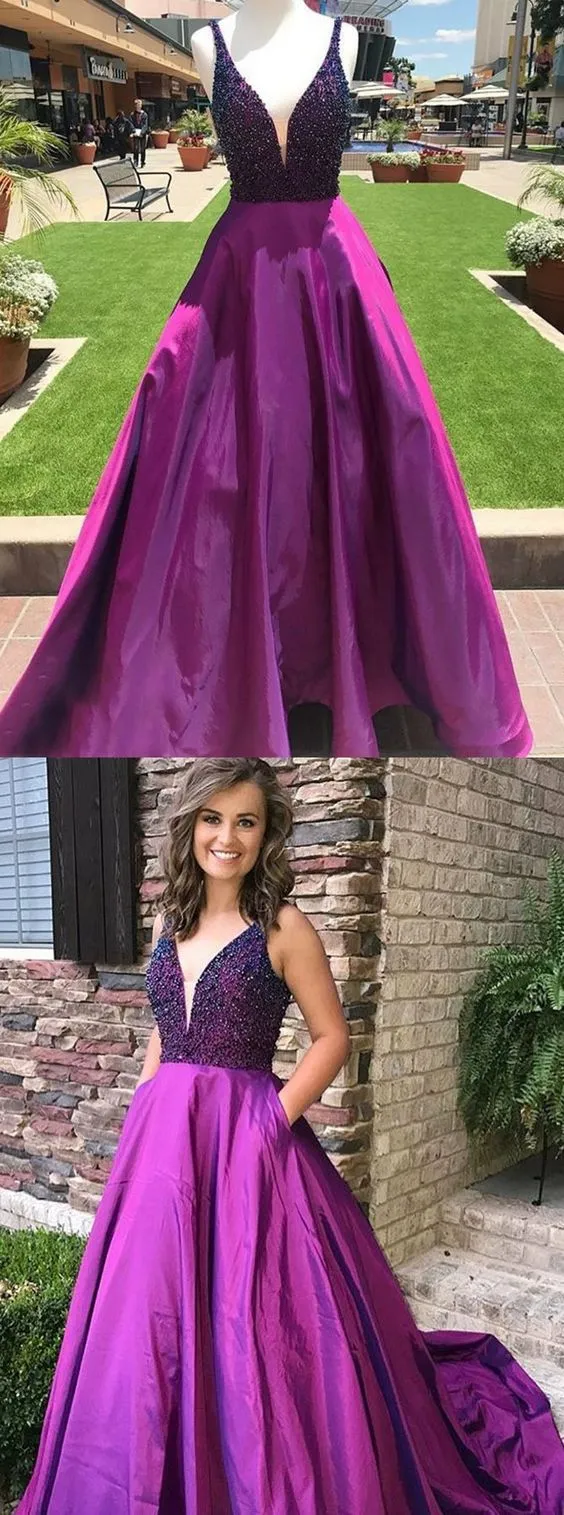 Robe de bal violette pour adolescents, décolleté plongeant en V, perles, robes de bal avec poches