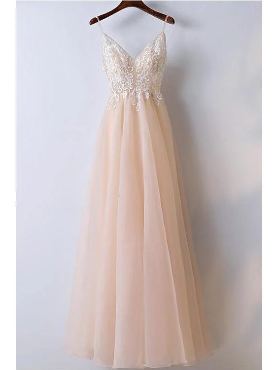 Robe de bal en dentelle champagne, bretelles Spaghetti, ligne A, robe de bal en tulle, robe de remise de diplôme
