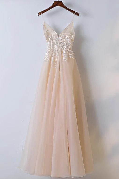 Robe de bal en dentelle champagne, bretelles Spaghetti, ligne A, robe de bal en tulle, robe de remise de diplôme