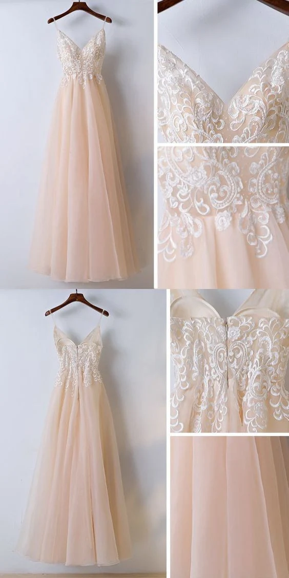 Robe de bal en dentelle champagne, bretelles Spaghetti, ligne A, robe de bal en tulle, robe de remise de diplôme