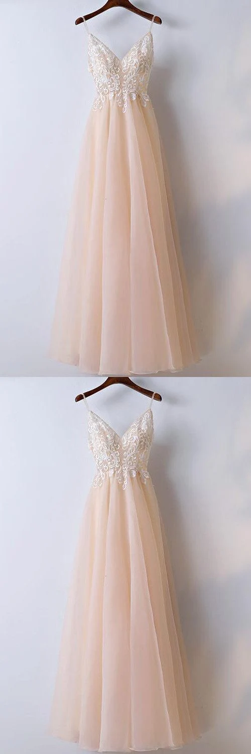 Robe de bal en dentelle champagne, bretelles Spaghetti, ligne A, robe de bal en tulle, robe de remise de diplôme