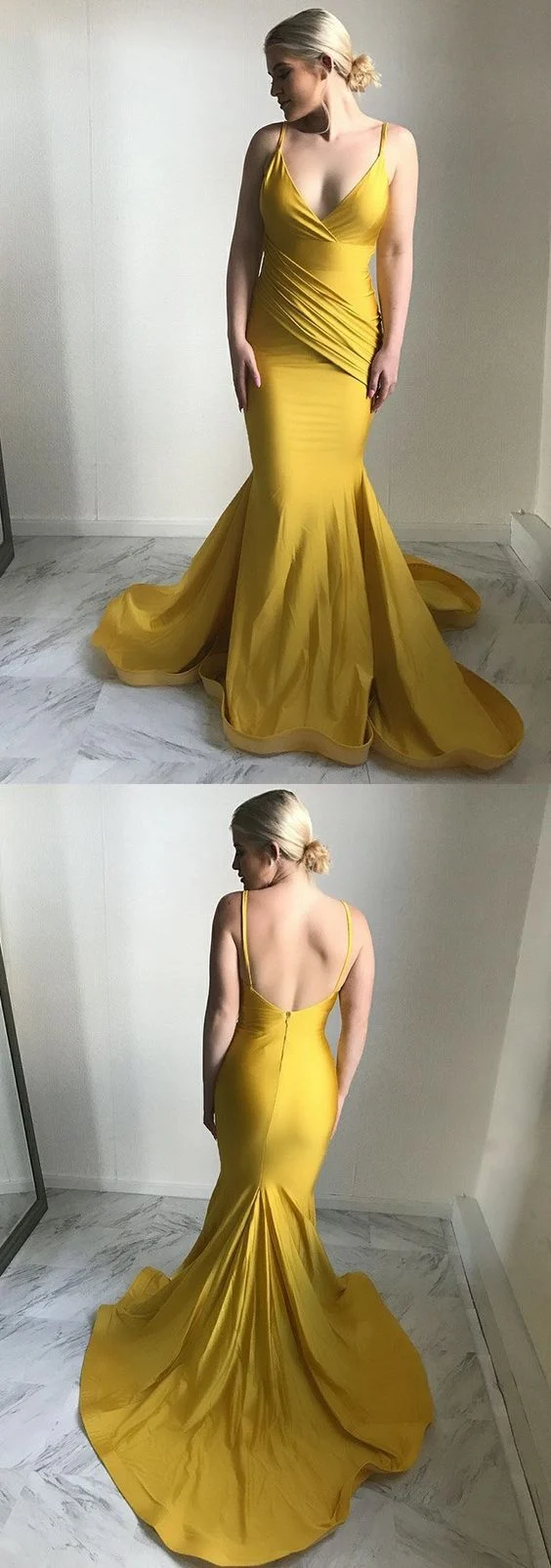 Robe de bal jaune dos nu, bretelles Spaghetti, moulante, sirène, robe formelle simple