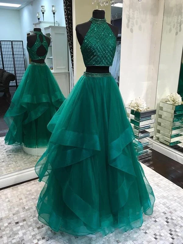 Illusion - Robe de bal longue en deux pièces vert chasseur avec haut à perles délicates