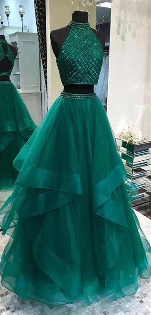 Illusion - Robe de bal longue en deux pièces vert chasseur avec haut à perles délicates