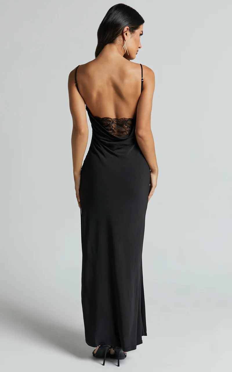 Carrie Maxi Dress - Cowl Back Lace Insert Dress in Black