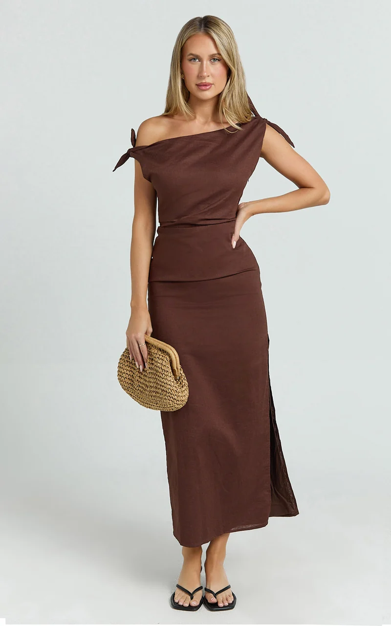 Cincinnati Midi Dress - Off The Shoulder Side Split Column Linen Dress in Chocolate