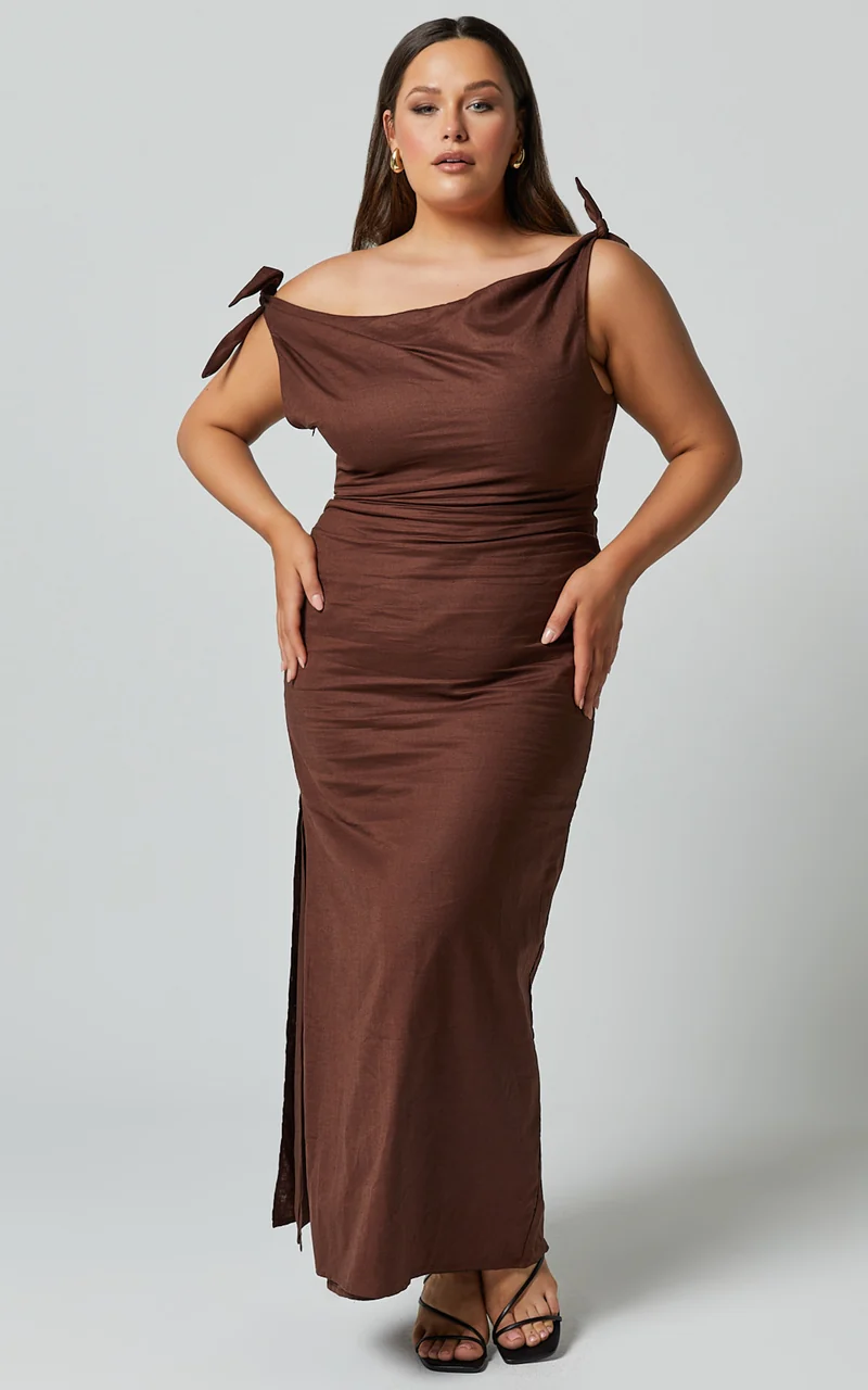 Cincinnati Midi Dress - Off The Shoulder Side Split Column Linen Dress in Chocolate