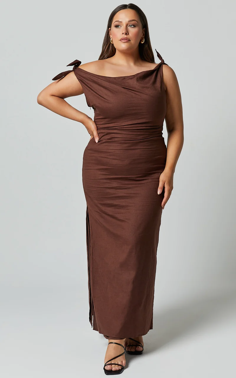 Cincinnati Midi Dress - Off The Shoulder Side Split Column Linen Dress in Chocolate