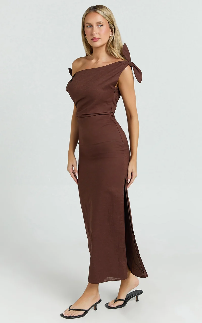 Cincinnati Midi Dress - Off The Shoulder Side Split Column Linen Dress in Chocolate
