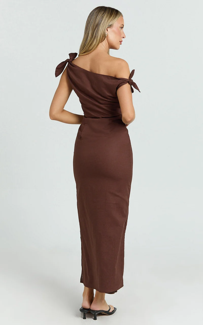 Cincinnati Midi Dress - Off The Shoulder Side Split Column Linen Dress in Chocolate
