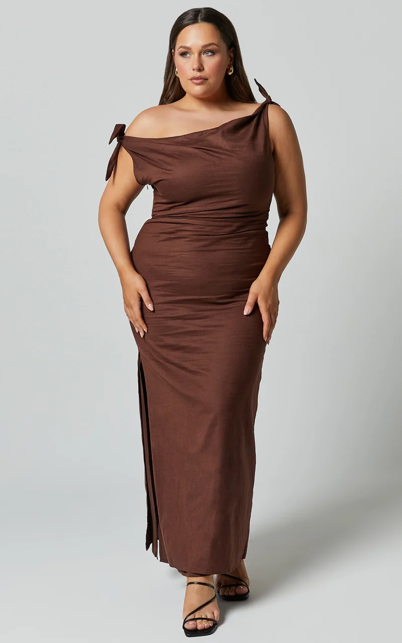 Cincinnati Midi Dress - Off The Shoulder Side Split Column Linen Dress in Chocolate