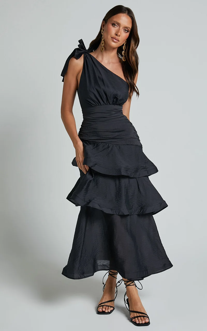 Eugenia Midi Dress - One Shoulder Fit and Flare Layered Dress in Black