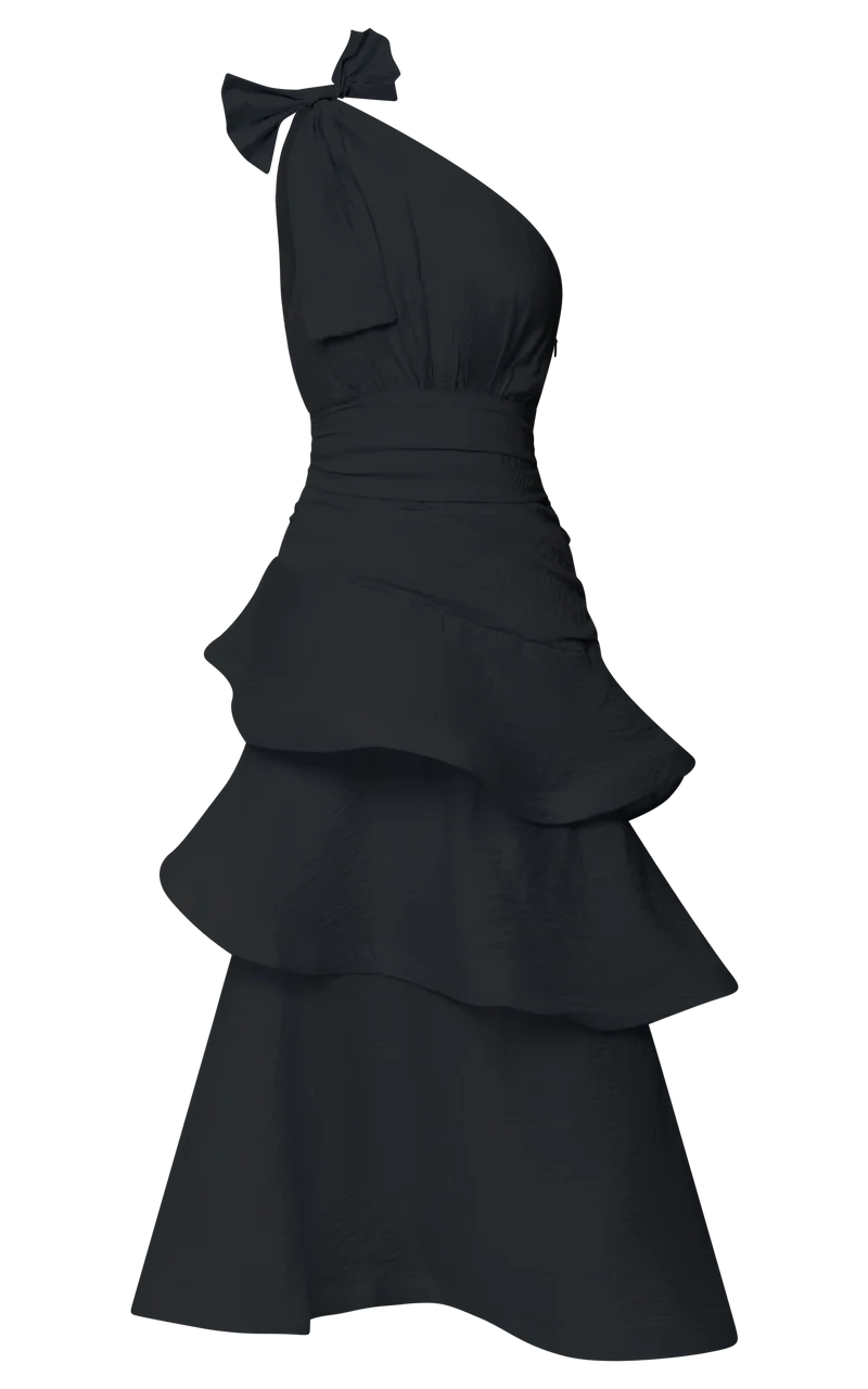 Eugenia Midi Dress - One Shoulder Fit and Flare Layered Dress in Black
